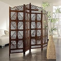 AB Craft Handcrafted Wooden Room Divider Screen, 4-Panel, Intricate Floral Lattice Design, Dark Brown-image-88
