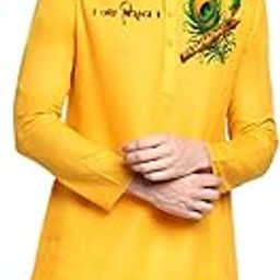 Lord Krishna Motif Print Kurta Men's Yellow Cotton Long Knee Length Kurta | Ideal for Puja Gatherings, Festivals, and Everyday Temple Wear | Washable-picture-1
