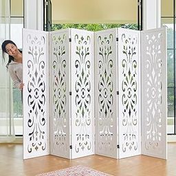 KKBM Living Room Partition Divider Folding Wood Classical Carved Partition Screen for Home Office Garden 6 Panel White Color-picture-18