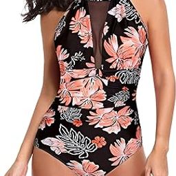 Women One Piece Swimsuit High Neck Plunge Mesh Ruched Monokini Swimwear-image-68