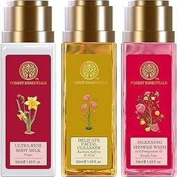 Forest Essentials Travel Size Ultra-Rich Body Milk Nargis & Forest Essentials Delicate Facial Cleanser Kashmiri Saffron & Forest Essentials Travel Size Silkening Shower Wash Iced Pomegranate & Kerala Lime-35