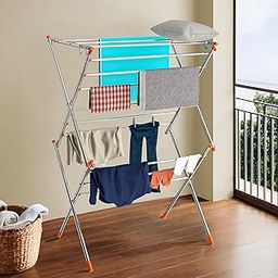 Kuber Industries Stainless Steel Cloth Stand for Drying Clothes Foldable | Zig Zag Cloth Dryer Stand for Balcony | Smart Design with 13 Hanger Rods | Silver-image-76