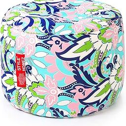 Style Homez Round Cotton Canvas Floral Printed Bean Bag Ottoman Stool Large Cover Only, Multi Color-27