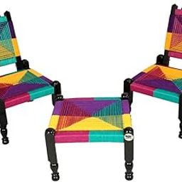 THE ROYAL CRAFTS Traditional Handicrafts Set of Multicolor Resham Rope Wooden Folding Chairs khatli bajot Stool charpai Pidda Mudda Rajwadi Furniture Table Balcony Set, 30 Cm, 43 Cm-image-42