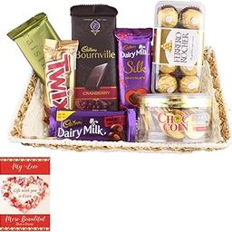 SFU E Com Beautiful Chocolate Combo With Wooden Basket Hamper | Valentine Chocolate With Love Greeting Card | Valentine Chocolate Hamper | 534-0