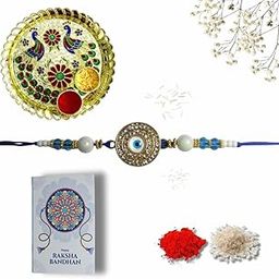 Evil Eye Rakhi for Brother Bhai Bhaiya with Designer Puja Thali, Roli Chawal & Greeting Card|Handcrafted rakshabandhan Gift Hamper for Bro-image-21