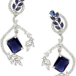 Rhodium-Plated American Diamond Studded Square & Leaf Shaped Drop Earrings For Girsl and Women-1