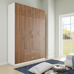 VIKI Wardrobe | Wooden Almirah for Clothes,Door for Bedroom with Loft, 4 Door Wardrobe with Drawer & Hanging Space (Frosty White with Brussel Walnut - 40Dx160Wx180H) | 1 Year Warranty | Free Assembly-image-75