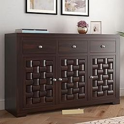 Solid Sheesham Wood Sideboard Cabinet Chest of Drawers Storage with 3 Drawers and 3 Door for Elegant Living Room Storage (Walnut)-image-78