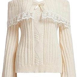 Women Off Shoulder Top Y2K Long Sleeve Lace Trim Knit Shirt Fashion Cute Solid Pullover Sweater-image-18