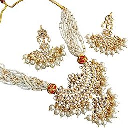 Traditional Rajasthani Kundan Aad Necklace Jewellery Set with Earrings | Cream & Gold Pearl Bridal Set for Women & Girls (Cream 2046)-image-84
