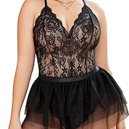 Plus Size Lingerie Womens Lace Teddy Babydoll V Neck Chemise Nighty with Detachable Mesh Mini Skirt-image-32
