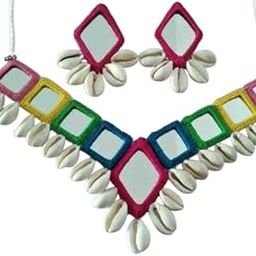 Handmade Multicolor Mirror Work Necklace Set for Women Crochet Thread Jewelry with Cowrie Shells, Tribal Boho Set with Earrings for Festival & Ethnic (Multicolor Pack of 1)-image-51
