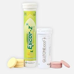 Glutone 1000 & Escor-Z Combo Pack| Setria L-Glutathione, Vitamin C Effervescent Tablets| Healthy Skin| 15 (1) + 20 (1) Tablets (Lemon Flavour)-image-6