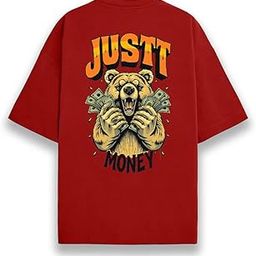 Besick Cotton Just Money Print Oversized Fit Tshirt for Men & Women (Red M)-image-7