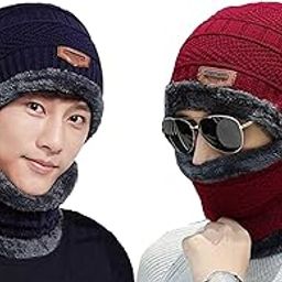 Buttons & Bows Knitted Winter Cap & Neck Scarf with fleece, Unisex Beanie Cap with Neck Warmer for Men & Women, warm neck and cap set (Blue-Red, 2)-image-25