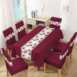 HOKIPO Elastic Stretchable Set of 6 Dining Chair Cover with Matching Tablecloth, Floral Wine (AR-4803-D2)-image-12