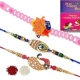 Two Peacock And One Kids Light Rakhi For Brother And Sister, Set Of 3 Rakhi Combo Set-13