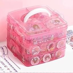 SAMVARDHAN Washi Tape Set - 100 Pcs Designer Decorative Gift Packing Tape Masking Tapes with 20 Pcs Kawaii Stickers, Tweezer, Pen and Spatula in 3 Layer Box, Tapes for Art & Craft(Pink Color Box)-8