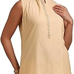 Womens Light Yellow Cotton Solid Tunic with Pearl-image-57