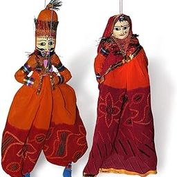 HeeMo Wood Traditional Handcrafted Rajasthani Face String, Standard, Red, 1 Male And 1 Female Puppet-26