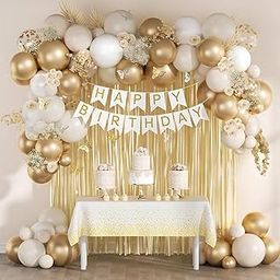 35 Pcs Gold White Birthday Decoration Combo-Banner,Metallic Confetti Balloons,Gold Foil Curtain,3d Butterfly |Birthday Decoration Kit-picture-30
