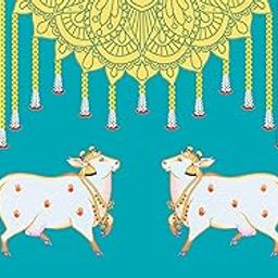 Backdropon Two Cow with Purple Blue Rangoli and Hanging Flower Design Backdrop for Pooja Decoration Traditional/Background Curtain Cloth for Festival Fabric Size 3 Feet Height and 5 Feet Width(3 * 5)-image-68