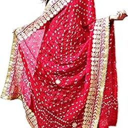 Dresses Jaipuri Rajasthani Women's Tapeta Art silk bandhej Dupatta with Heavy Gota Patti Work (free size) (Red Heavy Bandhej)-picture-11