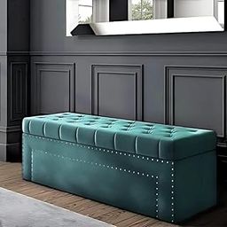 Habiba Arts Wood 3 Seater Sofa Couch Poufffe Storage Ottoman Tufted Roll Arm Storage Bench Multipurpose Settee For Living Room, Guest Room, Office (Teal),Green-image-8
