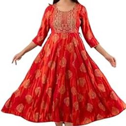 Women's Red Floral Print Anarkali Dress, 3/4 Sleeve, Embroidered Yoke, Rayon Midi Length-15