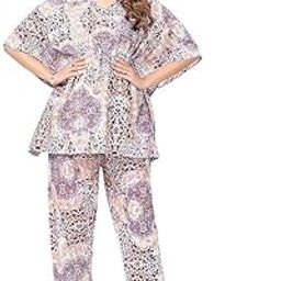 Women's Cotton Multicolor Printed Kaftan Co Ord Set with Pocket – Free Size Relaxed Fit Loungewear | Soft & Breathable Nightwear for Home & Sleep (Blue, Free Size)-picture-5