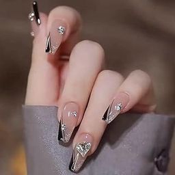 Nakhi 24 Reusable Artificial Fake Nail Set | Peach Base Colour Black Design and Diamond Glossy Nails | Lightweight & Long Lasting| Quick Fix For Festivals & Special Occasions-37