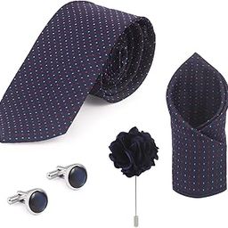 Neuro Club Men's Necktie Gift Set With Pocket Square Cufflinks & Brooch Pin - Formal Tie With Wooden Box, Color: Blue & Red Dots - Free Size-image-87