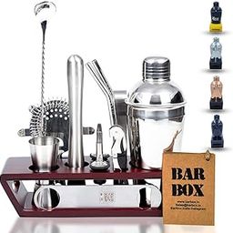 Bar Box Brown Wood Stand - 14-Piece Home Bartending Kit Martini Cocktail Shaker Set with Peg Measurers, Muddler, Bottle & Wine Opener Stylish Brown & Silver Bar Accessories and Bar Tools for Home-18