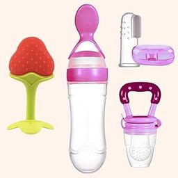 Baby Food Feeder Set I Food Dispensing Spoon Squeeze Bottle (90ml) I Fruit Squeeze Pacifier Teether I Finger Toothbrush and Silicone Nibbler/Teether, 6-24 Months (Multicolor)-image-95