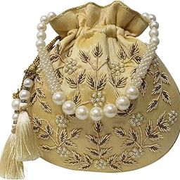 Zardosi Potli Bag Round Hand Embroidery Drawstring Potli Women's Handbag Purse With Pearl Handle & Tassel Purse-14