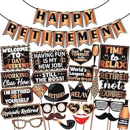 Wobbox Retirement Photo Booth Party Props with Happy Retirement Bunting Banner, Copper Golden & Black, Retirement Party Decoration, Retirement Decoration Item-image-80