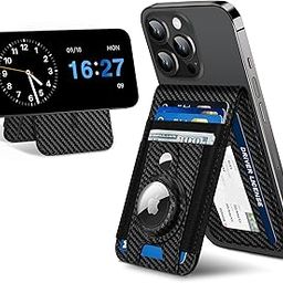 For Magsafe Wallet Stand with Airtag Holder, Strongest Magnetic Wallet for iPhone 16/15/14/13/12 Series, ID Window, 4 Card Slots, 10 Cards Holder, Vegan Leather, RFID Blocking, Black Carbon Fiber-5