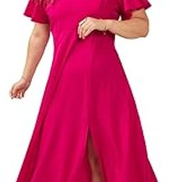 Women Plus Size Solid Off-Shoulder Neck Cold-Shoulder Sleeve Thigh-High Slit Flared Maxi Dress-image-29