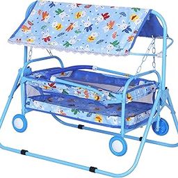 FLIPZON Foldable Baby Cradle with Wheels | Foldable Design with Canopy | Comfortable Multi-Use Baby Cradle, Baggi/Palna for 0-6 Months Baby Boys and Girls (J6) (Size - Small; Metal,Fabric) (Sky Blue)-4