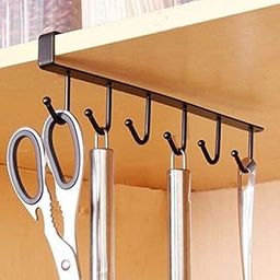 LVZGR Metal Multifunction Under Shelf Coffee Mug Cup Holder Rack Organizer Stand for Kitchen Counter, Cabinet Hook with Screw Wall Sticker - (Hook & Screw Sticker 1 Pcs)-image-1