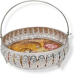 NS CRAFT Silver Round Flower Basket with Legs and Pichwai Cow Sticker for Pooja Decor Marriage Gift Pula Butta Phool Tokari German Silver Parat Plate Size 10 Inch-picture-19
