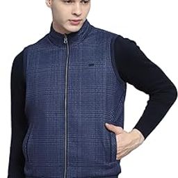 Mens Solid Blue Mock Neck Sleeveless Jacket-image-47