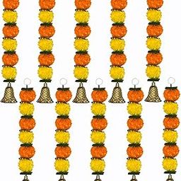 iHandikart Artificial Marigold and Leaf with Bell Garland (Pack of 10) Size -16-Inch Color - Yellow and Orange, Artificial Garland, Perfect for Diwali, Housewarming and Home Decor (32601-B-10)-image-23