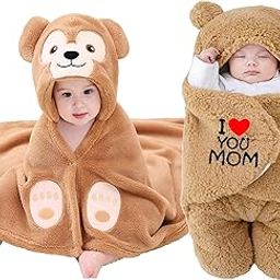 Swissberry Baby Bedding Sets, Blankets Newborn Pack of Hooded Wrapper, Swaddler for Baby Boys and Girls, 0-6 Months, L 80 cm x B 80 cm, Pack of 2 pcs (Camel Monkey & Beige Mom)-image-74