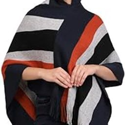 MANRA Women's Casual Hooded Cape Striped Woolen Poncho for Winter (SC 09 CAP/ORANGE-BLUE/FREE)-picture-47