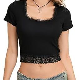 BUYBEB Women's & Girls Square Neck Short Sleeve Crop Top with Lace Trim Splice with Stretchable (Soft Rib Fabric)-image-11