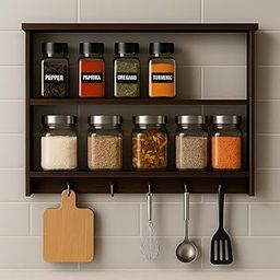 FireBees Wooden Wall-Mounted Kitchen Shelf, 2-Tier Spice Rack Organizer with Utensil Hooks | Wooden Wall Shelf Rack | Mounted Shelf for Kitchen Decor | kitchen organiser-image-80