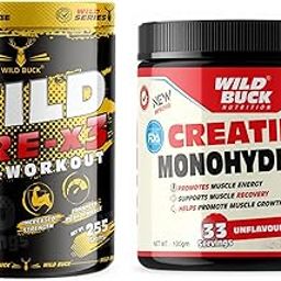 WILD BUCK Wild Pre-X3 Hardcore Pre-Workout Supplement Powder, Energy Drink Creatine Monohydrate, Men,Women [30-60 Servings, Green Apple, 255G] + Monohydrate Powder [33 Servings, Unflavoured]-image-64