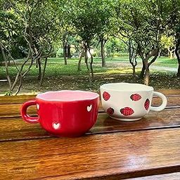DIVYAKALAA Handpainted Ceramic Cappuccino Mug | 400 ml Large Coffee Cup with Hearts | Multipurpose Soup & Ramen Bowl | Glossy Finish | Café Style Gift Mug - Set of 2 (Hearts + Strawberry)-image-35